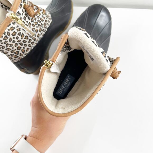 Sperry Lace Up Saltwater Rain Boots Ankle Booties Rubber Leopard 6 - Picture 6 of 9